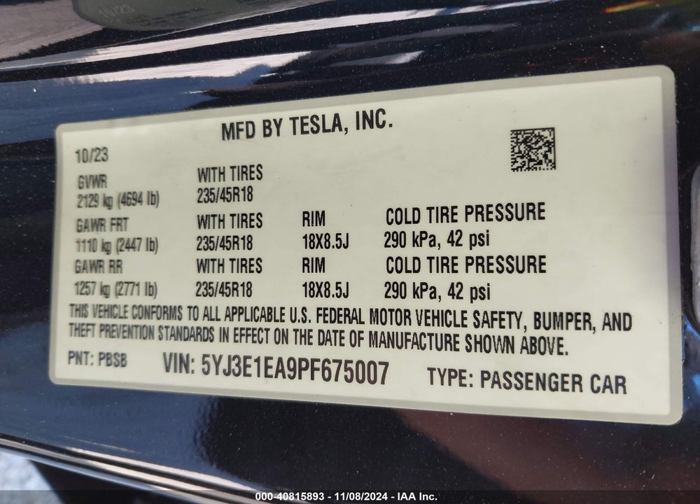 2023 TESLA MODEL 3 REAR-WHEEL DRIVE VIN: 5YJ3E1EA9PF675007