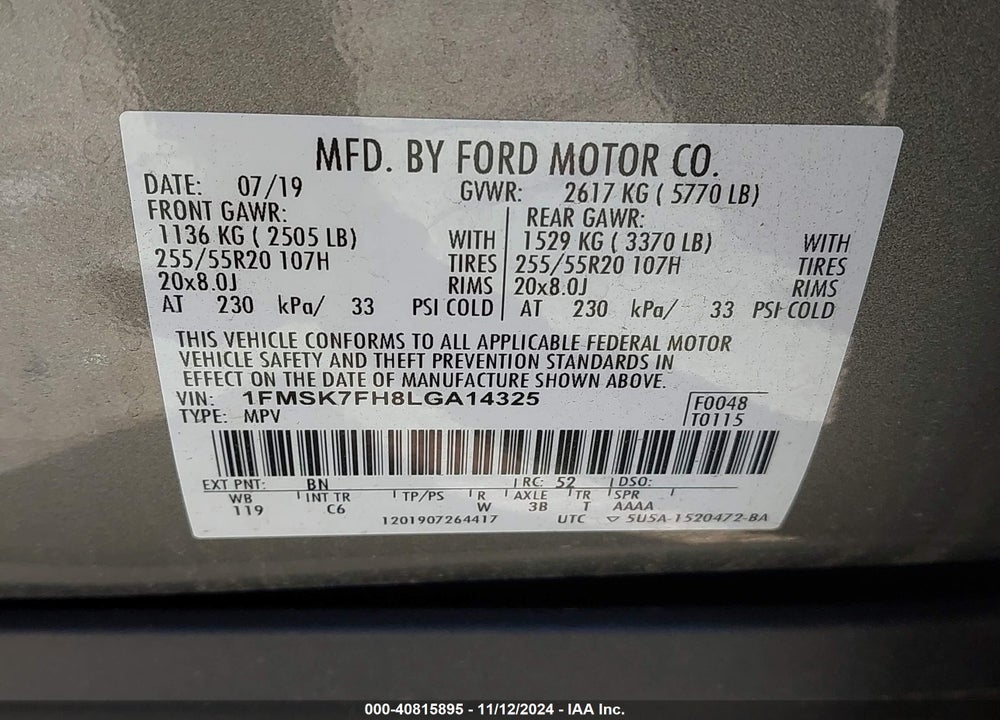 2020 FORD EXPLORER VIN: 1FMSK7FH8LGA14325