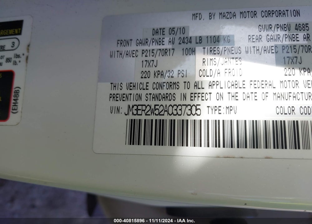 2010 MAZDA CX-7 I SPORT VIN: JM3ER2W52A0337305