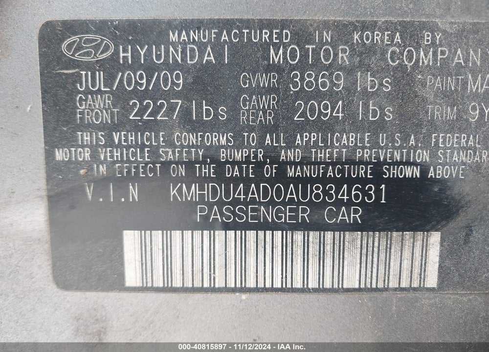 2010 HYUNDAI ELANTRA GLS VIN: KMHDU4AD0AU834631