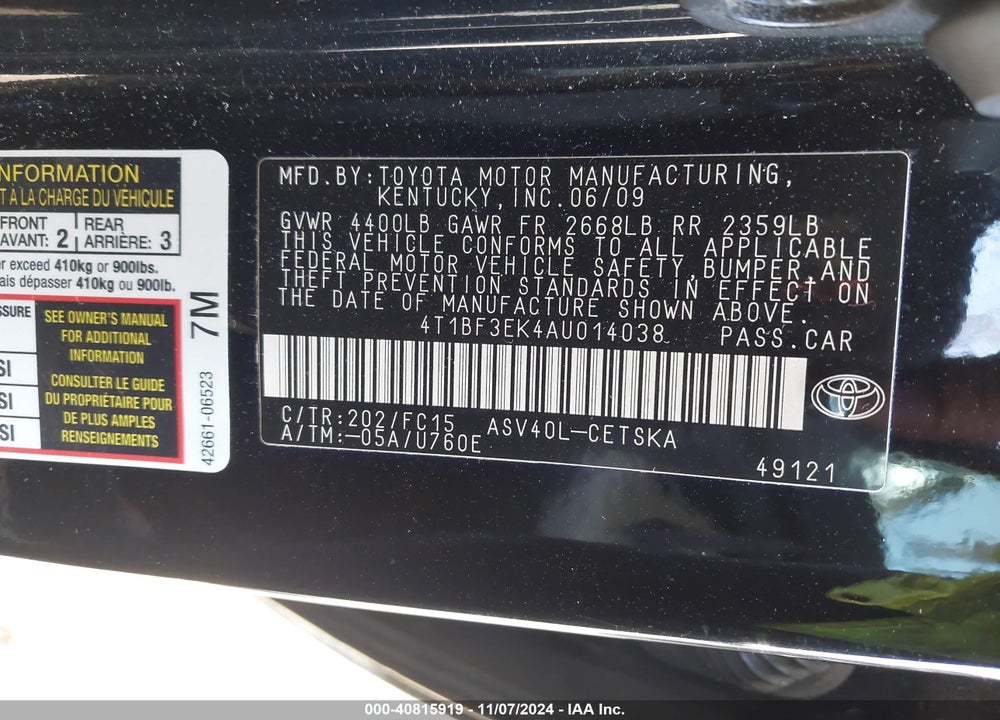 2010 TOYOTA CAMRY SE VIN: 4T1BF3EK4AU014038