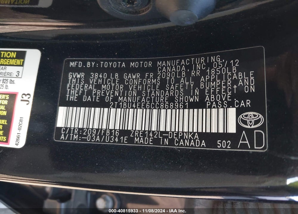2012 TOYOTA COROLLA LE VIN: 2T1BU4EE6CC868961