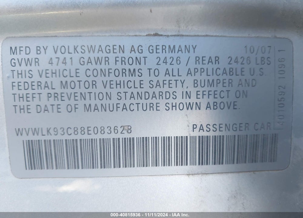 2008 VOLKSWAGEN PASSAT KOMFORT VIN: WVWLK93C88E083628