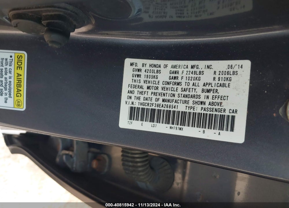 2014 HONDA ACCORD LX VIN: 1HGCR2F38EA268541