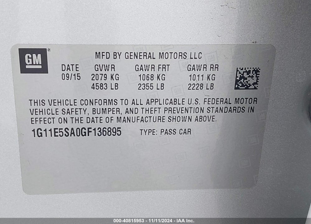 2016 CHEVROLET MALIBU LIMITED LTZ VIN: 1G11E5SA0GF136895