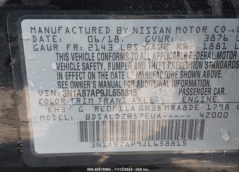 2018 NISSAN SENTRA SV VIN: 3N1AB7AP9JL658815