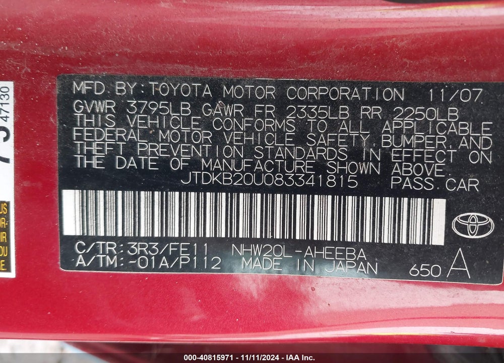 2008 TOYOTA PRIUS VIN: JTDKB20U083341815