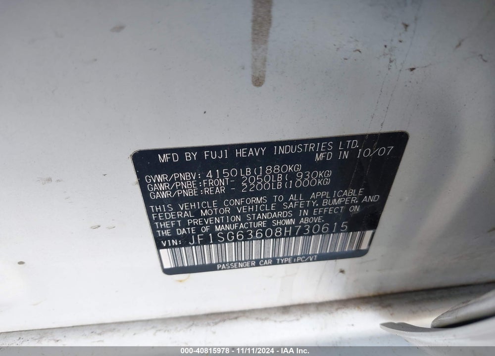 2008 SUBARU FORESTER 2.5X VIN: JF1SG63608H730615