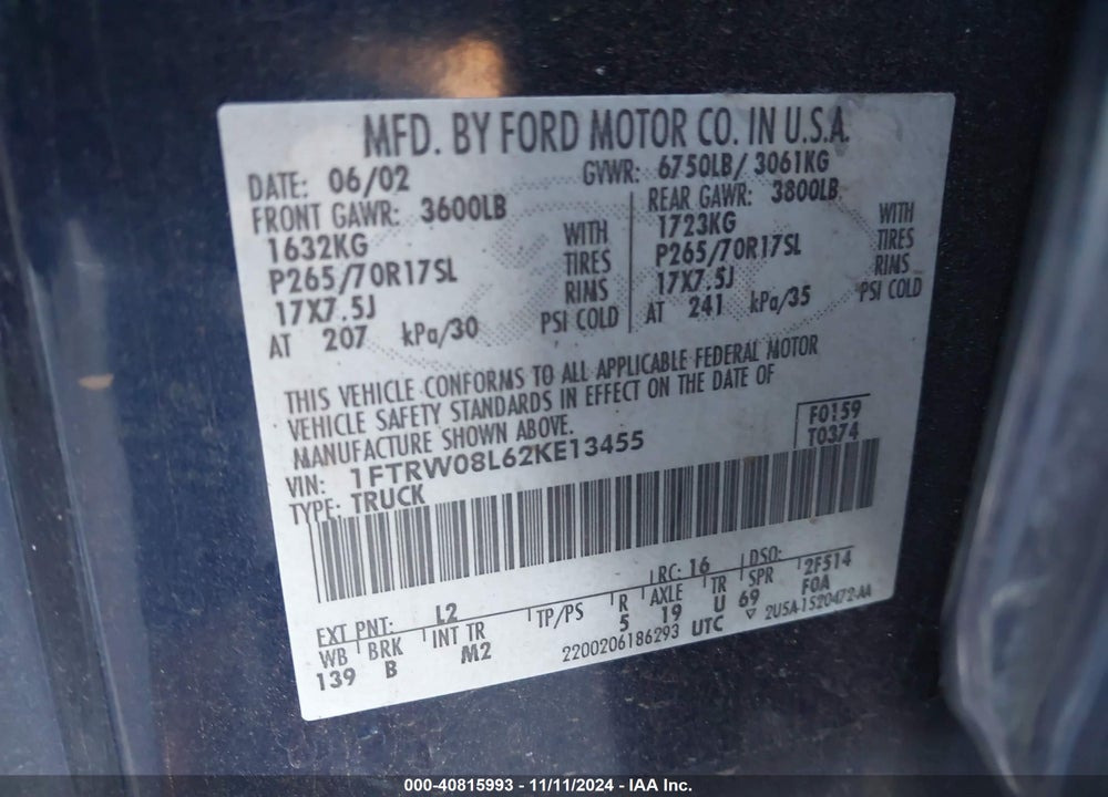 2002 FORD F-150 LARIAT/XLT VIN: 1FTRW08L62KE13455