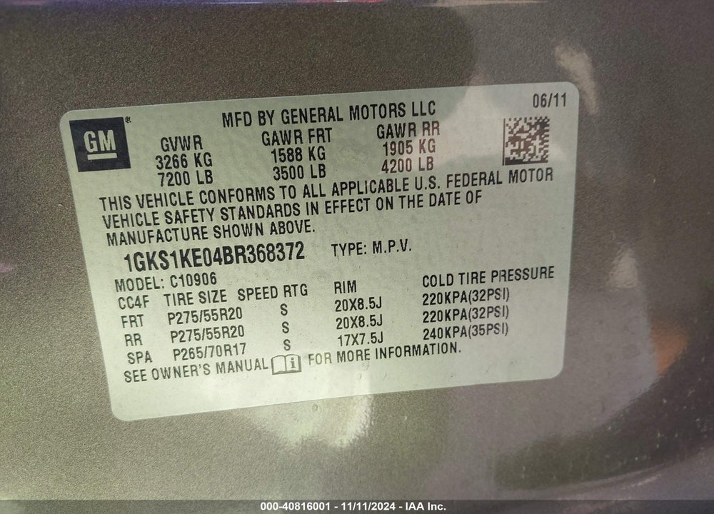 2011 GMC YUKON XL 1500 SLT VIN: 1GKS1KE04BR368372