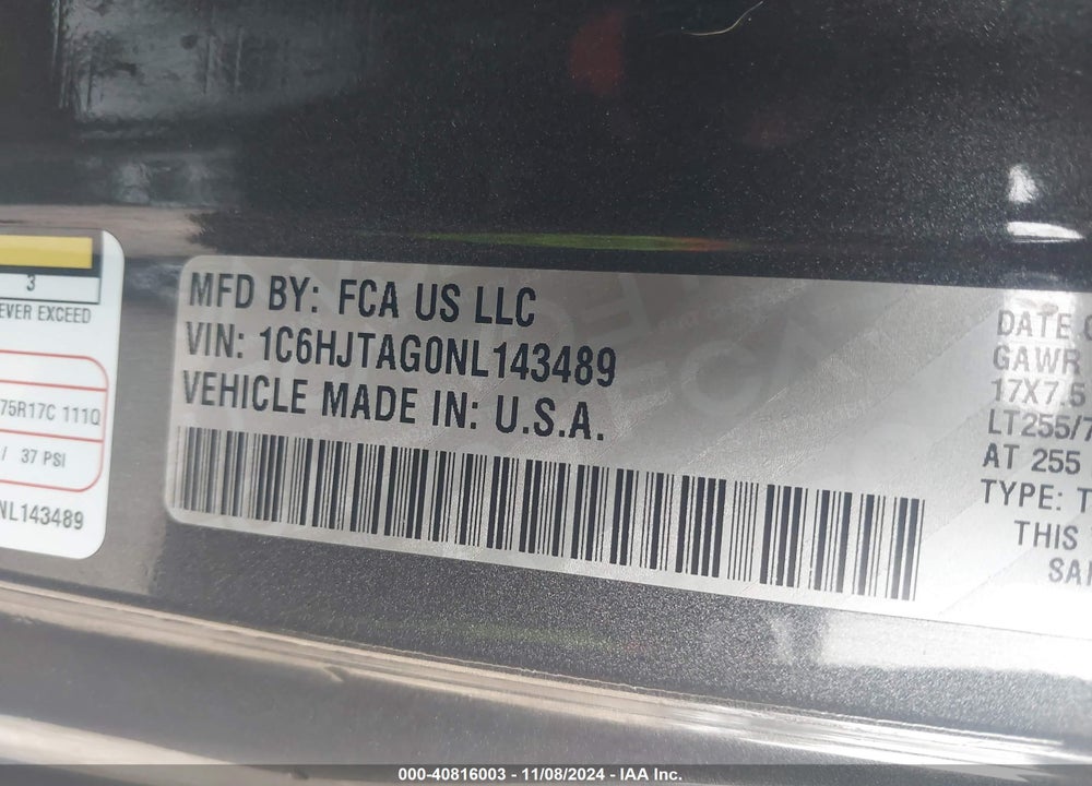 2022 JEEP GLADIATOR VIN: 1C6HJTAG0NL143489