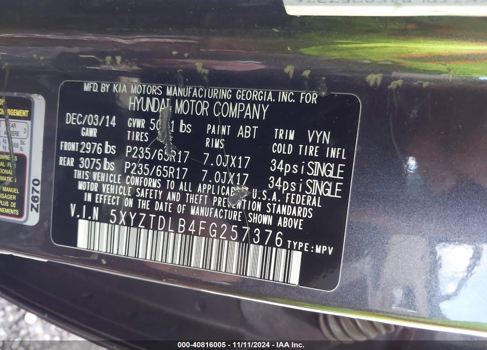 2015 HYUNDAI SANTA FE SPORT 2.4L VIN: 5XYZTDLB4FG257376