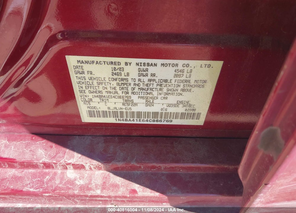 2004 NISSAN MAXIMA 3.5 SE VIN: 1N4BA41E64C866769