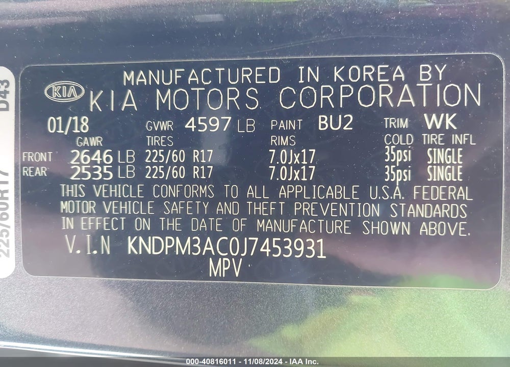 2018 KIA SPORTAGE LX VIN: KNDPM3AC0J7453931