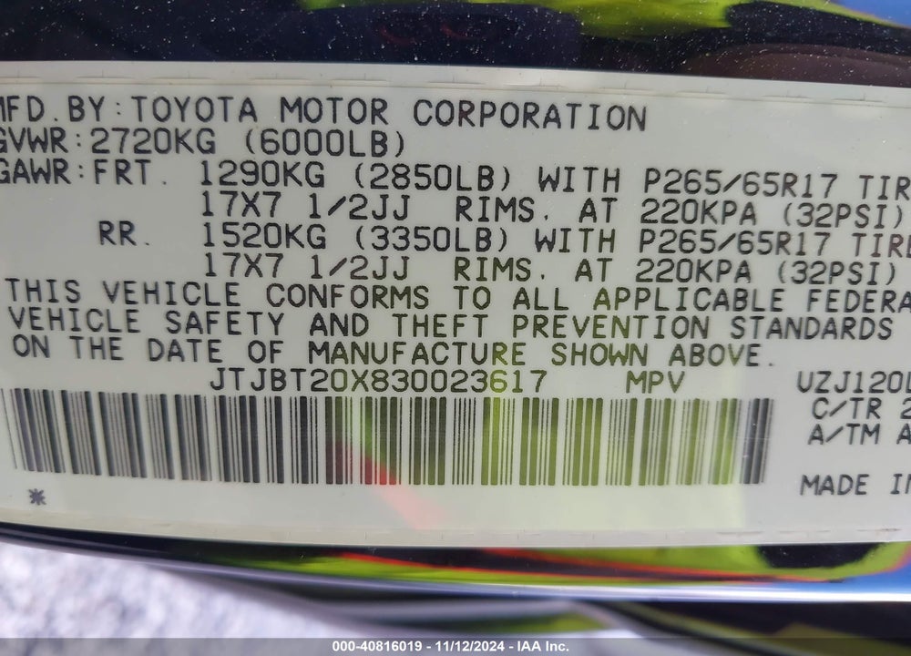 2003 LEXUS GX 470 VIN: JTJBT20X830023617