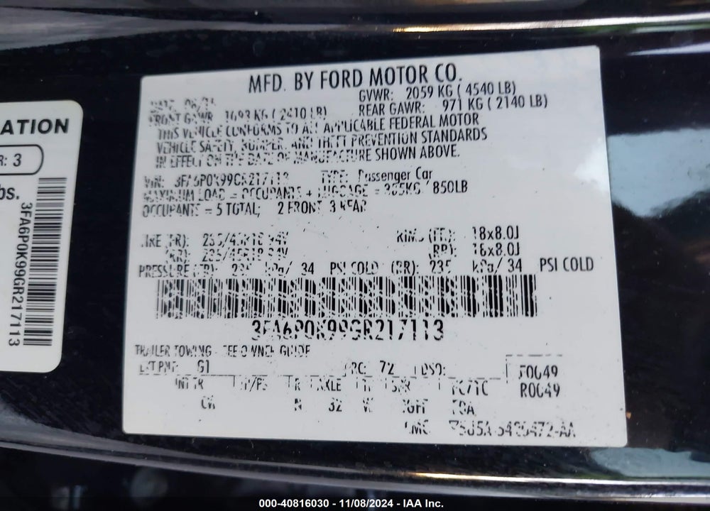 2016 FORD FUSION TITANIUM VIN: 3FA6P0K99GR217113