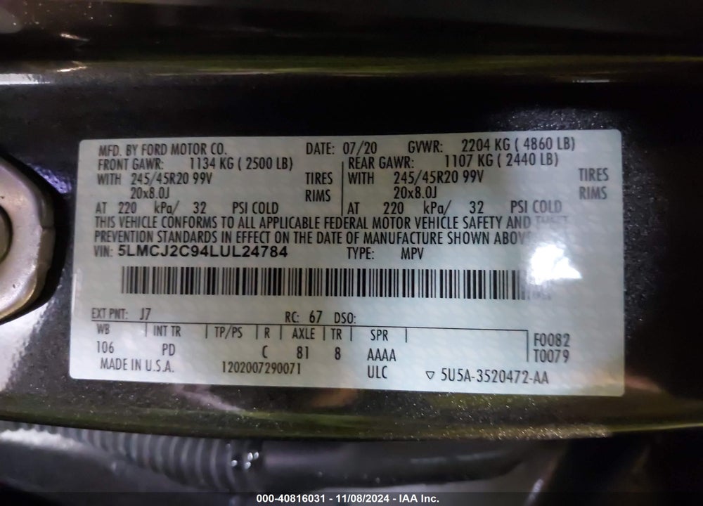 2020 LINCOLN CORSAIR VIN: 5LMCJ2C94LUL24784