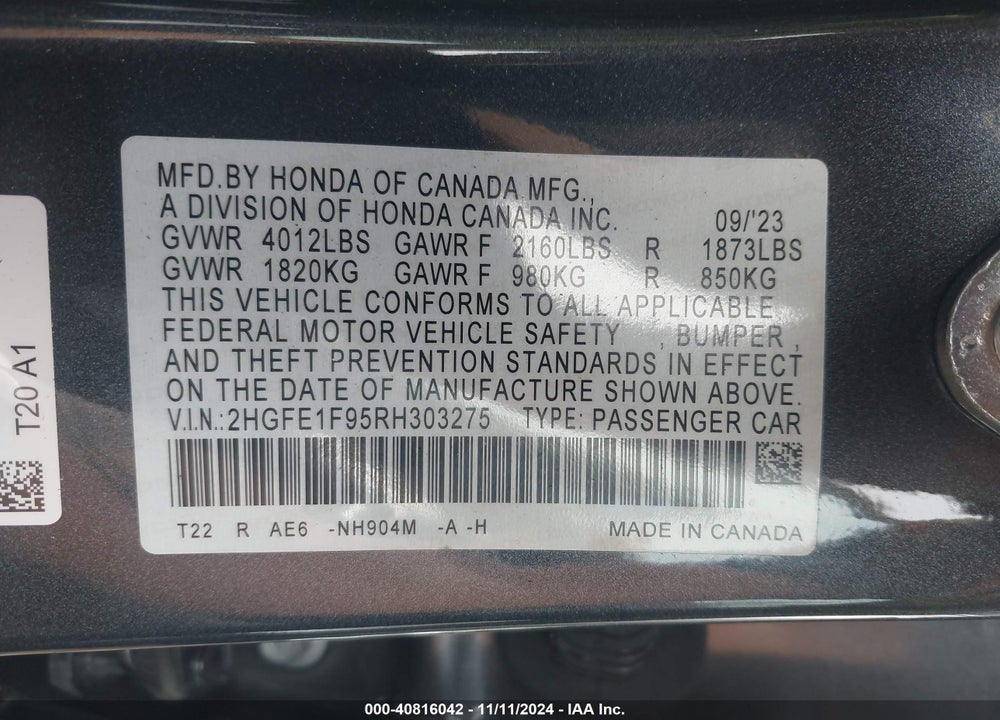 2024 HONDA CIVIC TOURING VIN: 2HGFE1F95RH303275