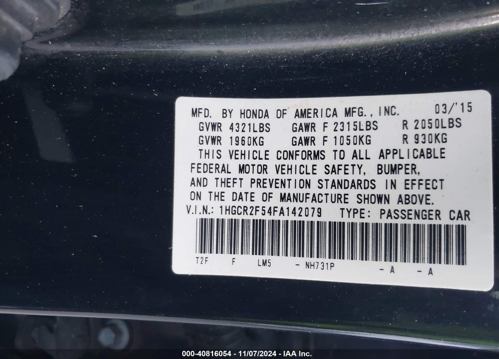2015 HONDA ACCORD SPORT VIN: 1HGCR2F54FA142079