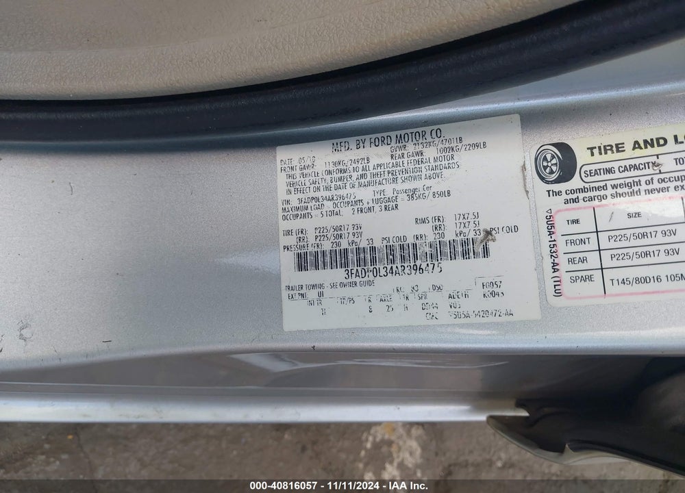 2010 FORD FUSION HYBRID VIN: 3FADP0L34AR396475