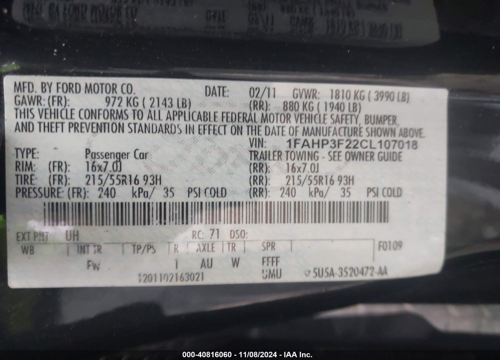 2012 FORD FOCUS SE VIN: 1FAHP3F22CL107018