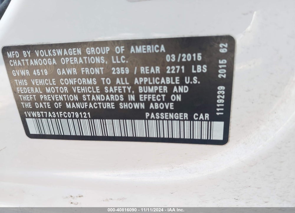 2015 VOLKSWAGEN PASSAT VIN: 1VWBT7A31FC079121