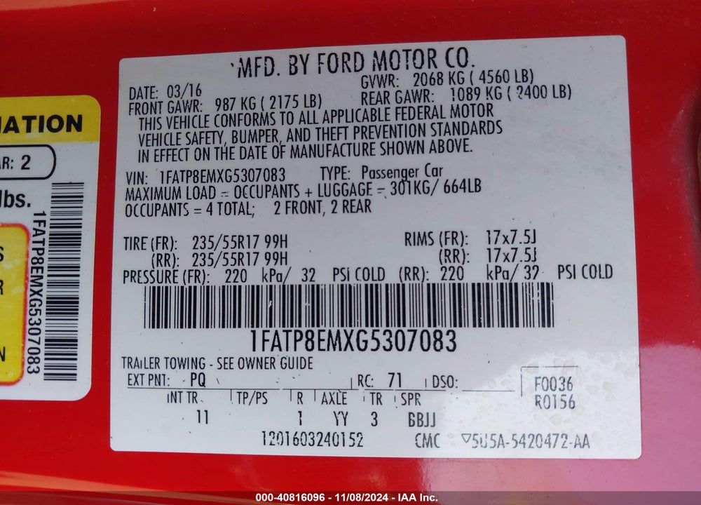 2016 FORD MUSTANG V6 VIN: 1FATP8EMXG5307083