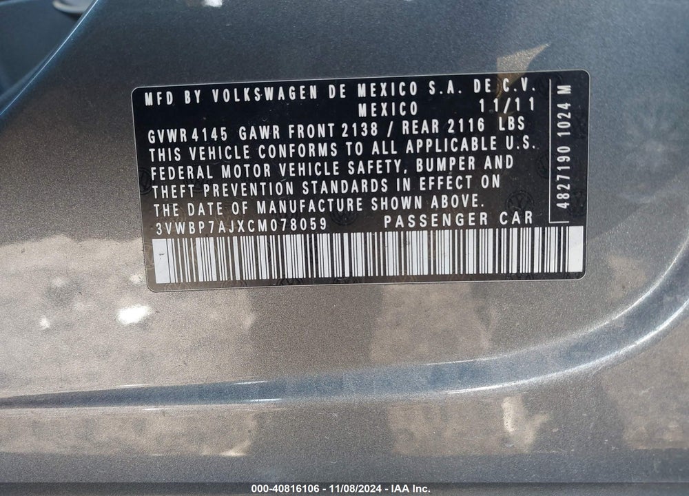 2012 VOLKSWAGEN JETTA 2.5L SE VIN: 3VWBP7AJXCM078059