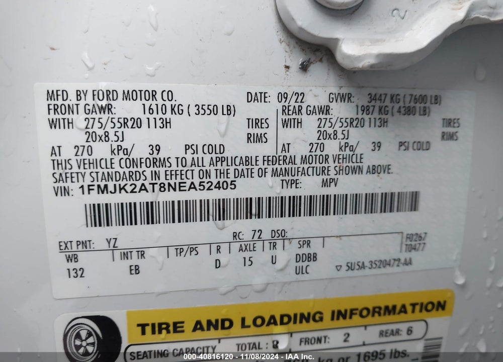 2022 FORD EXPEDITION LIMITED MAX VIN: 1FMJK2AT8NEA52405