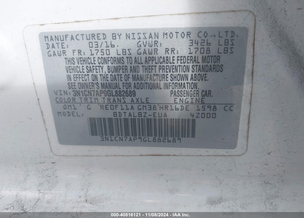 2016 NISSAN VERSA 1.6 SV VIN: 3N1CN7AP9GL882689