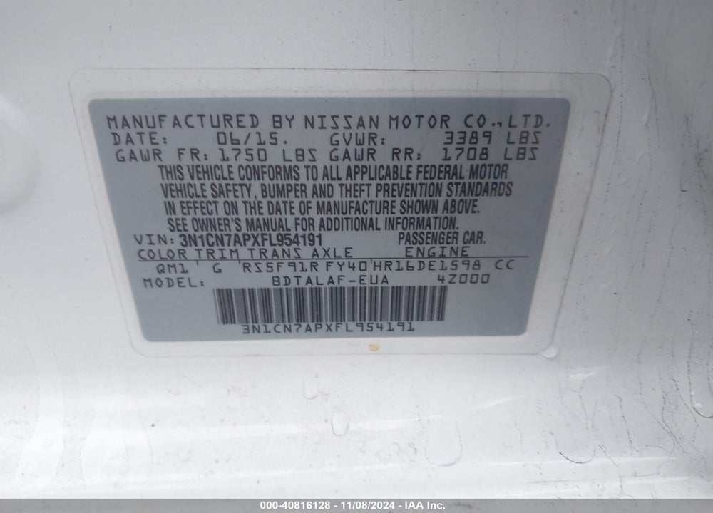 2015 NISSAN VERSA 1.6 S+ VIN: 3N1CN7APXFL954191