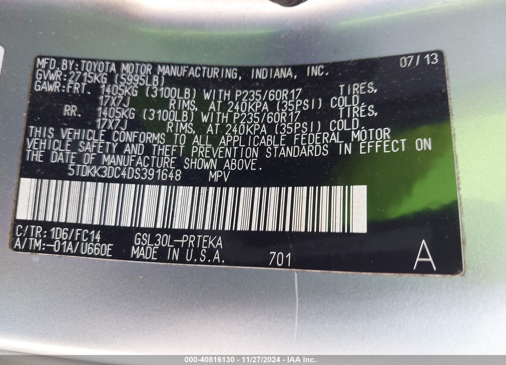 2013 TOYOTA SIENNA LE V6 8 PASSENGER VIN: 5TDKK3DC4DS391648