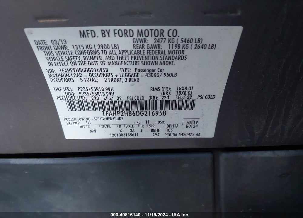 2013 FORD TAURUS SEL VIN: 1FAHP2H86DG216958