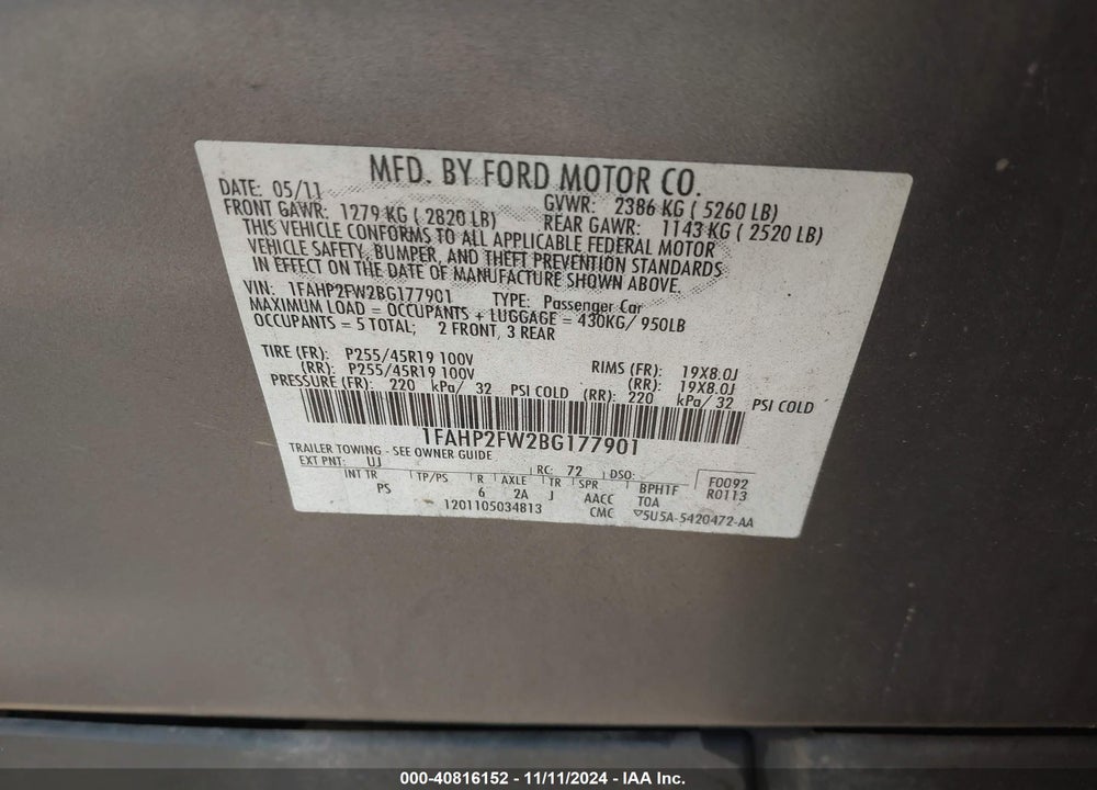 2011 FORD TAURUS LIMITED VIN: 1FAHP2FW2BG177901