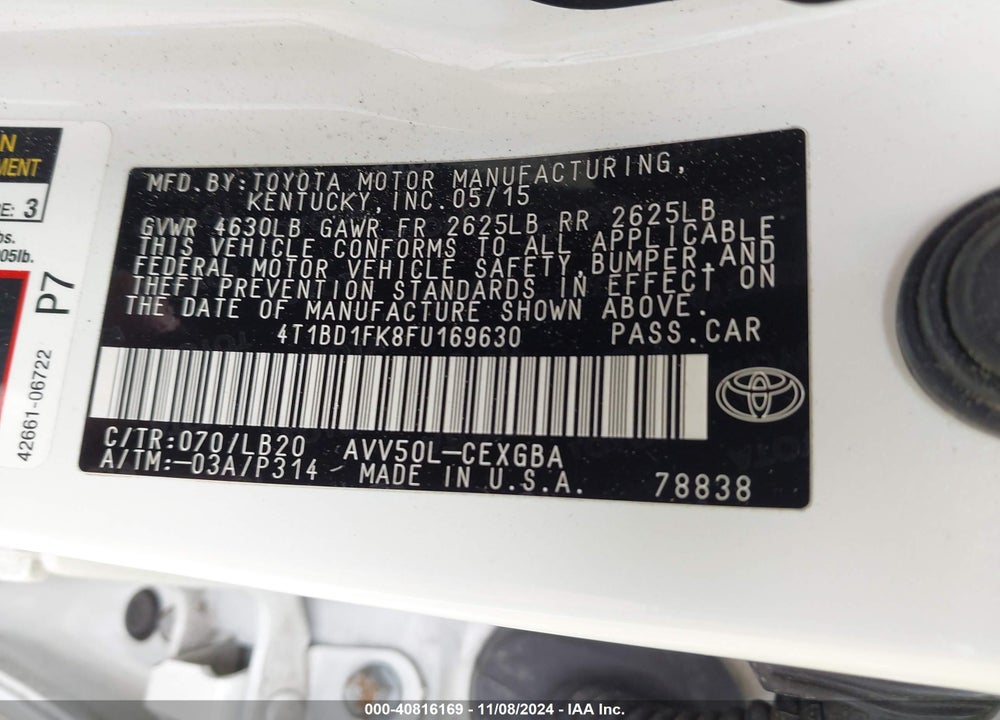 2015 TOYOTA CAMRY HYBRID XLE VIN: 4T1BD1FK8FU169630