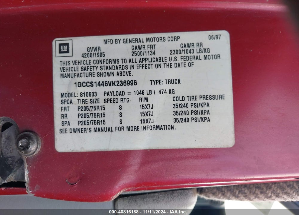 1997 CHEVROLET S-10 LS FLEETSIDE VIN: 1GCCS1446VK236996