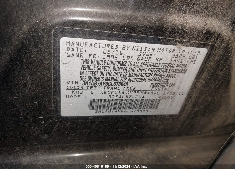 2016 NISSAN SENTRA SV VIN: 3N1AB7AP6GL678948