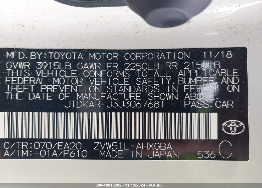 2018 TOYOTA PRIUS VIN: JTDKARFU3J3067681