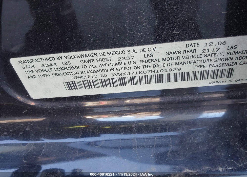 2007 VOLKSWAGEN JETTA GLI VIN: 3VWXJ71K07M101029