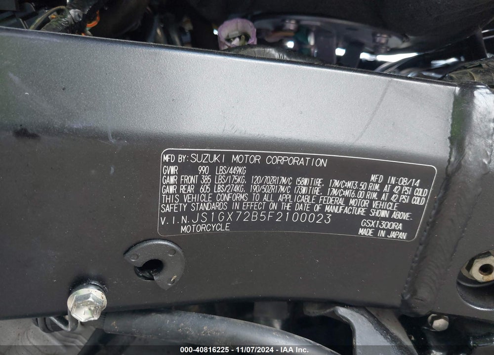 2015 SUZUKI GSX1300 RA VIN: JS1GX72B5F2100023