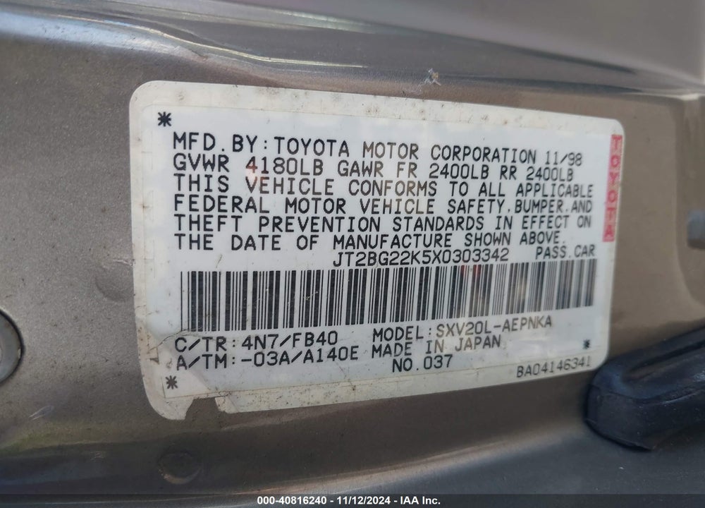 1999 TOYOTA CAMRY LE VIN: JT2BG22K5X0303342