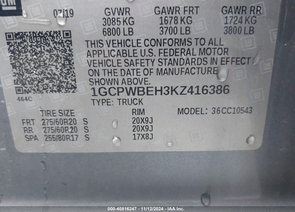 2019 CHEVROLET SILVERADO 1500 CUSTOM VIN: 1GCPWBEH3KZ416386