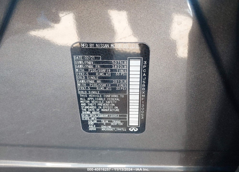 2021 INFINITI QX50 LUXE AWD VIN: 3PCAJ5BBXMF120053
