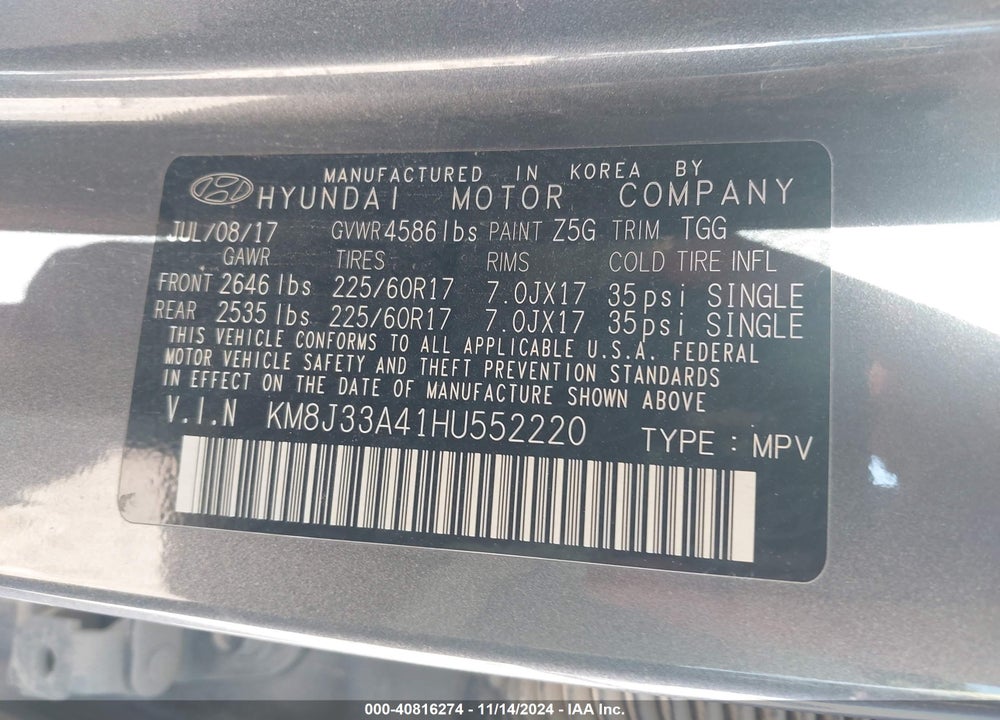 2017 HYUNDAI TUCSON SE VIN: KM8J33A41HU552220