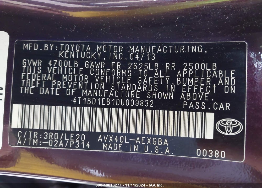 2013 TOYOTA AVALON HYBRID XLE TOURING VIN: 4T1BD1EB1DU009832