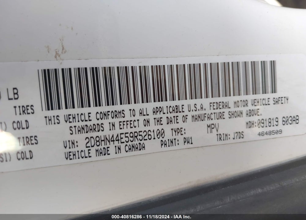 2009 DODGE GRAND CARAVAN SE VIN: 2D8HN44E59R526100