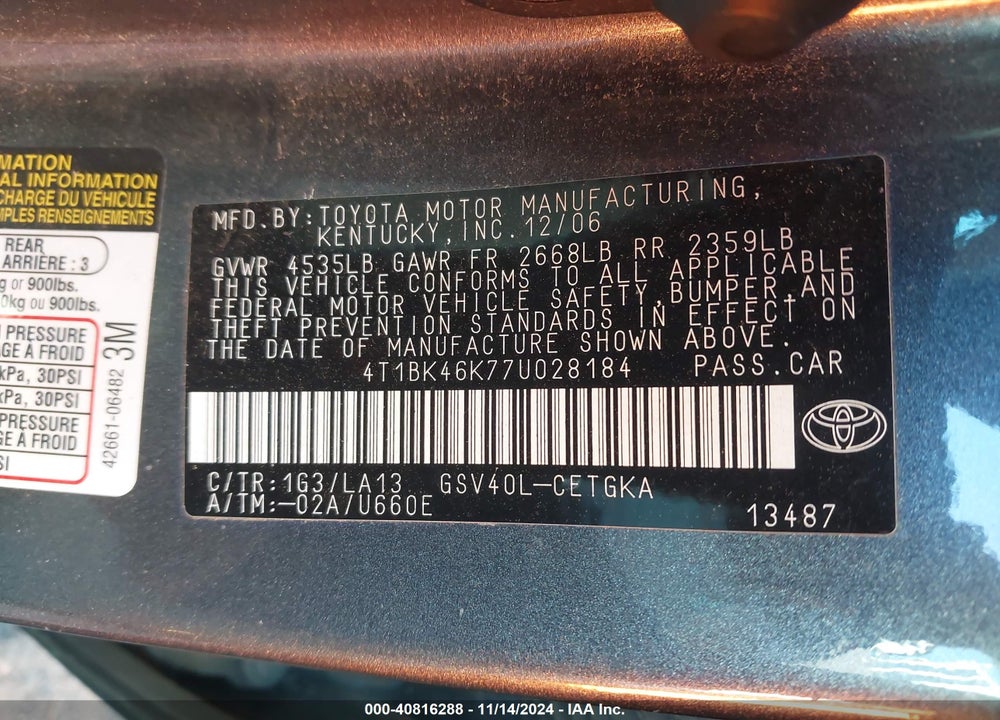 2007 TOYOTA CAMRY XLE V6 VIN: 4T1BK46K77U028184