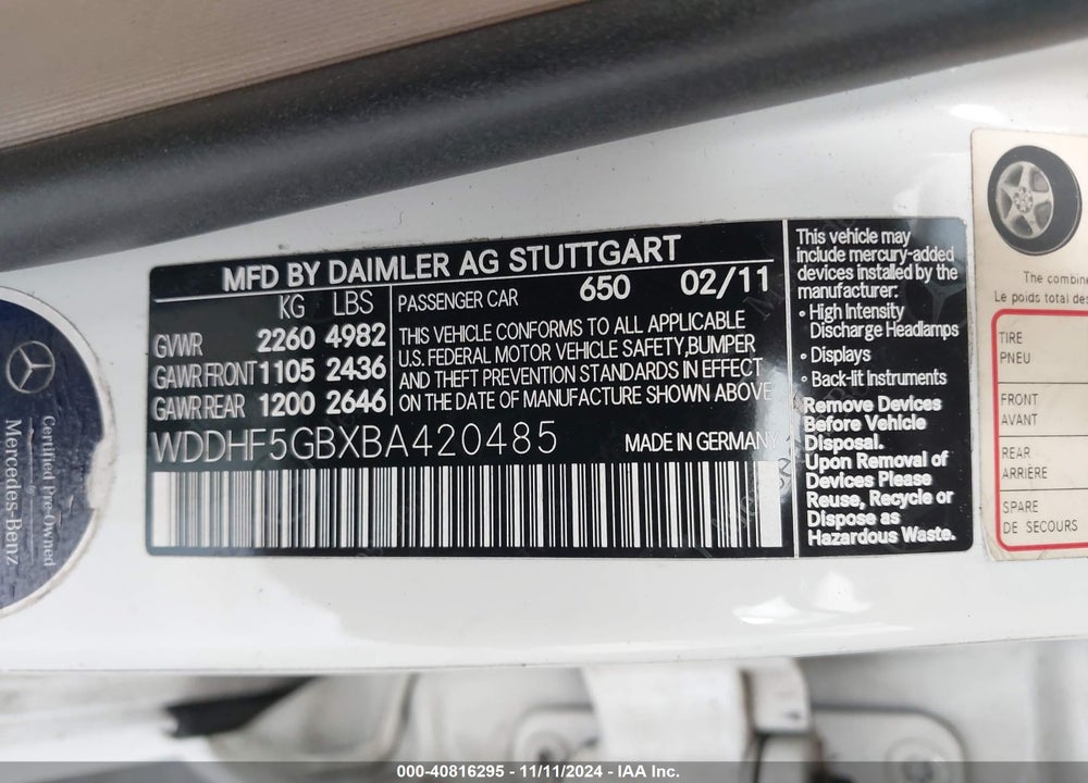 2011 MERCEDES-BENZ E 350 VIN: WDDHF5GBXBA420485