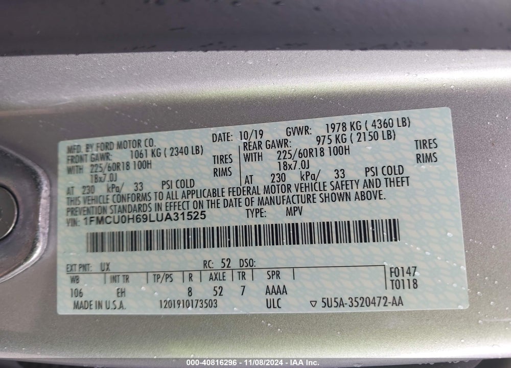 2020 FORD ESCAPE SEL VIN: 1FMCU0H69LUA31525