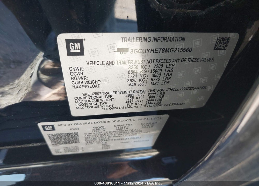 2021 CHEVROLET SILVERADO 1500 4WD STANDARD BED HIGH COUNTRY VIN: 3GCUYHET8MG215560